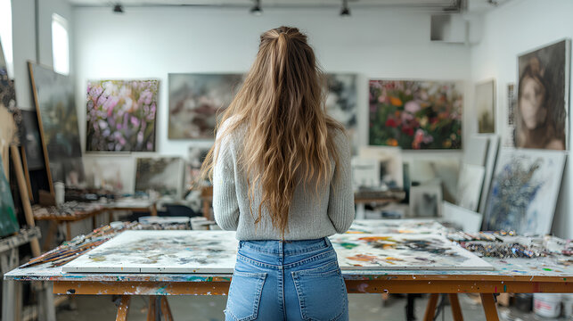 Woman with long hair standing in art studio surrounded by floral paintings and brushes
