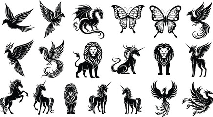 Black silhouette mythical creatures set including unicorn, phoenix, dragon, butterfly, lion, fantasy animals, vector illustration for decoration and design