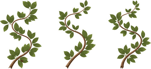 Set of three realistic brown tree branches with fresh green leaves isolated on white background, nature-inspired vector for botanical and organic design projects.