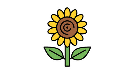 Fototapeta premium Illustration of a sunflower with yellow petals brown center and green leaves on a white background design element on transparent background