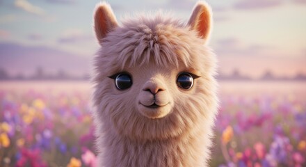 Obraz premium Close-up of a fluffy llama with big eyes and a gentle smile, set in a blurry field of colorful wildflowers, bathed in soft light