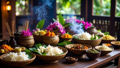 Diverse array of traditional Asian dishes, steaming hot