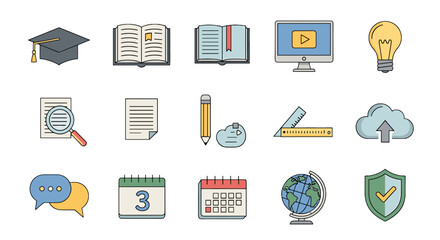 Illustration showing education and learning icons including books graduation cap and computer screen design on transparent background