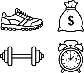 Simple line art icons of running shoe, money bag, dumbbell, and alarm clock representing fitness, finance, strength training, and time management concepts.