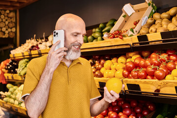 Man choosing fresh organic produce at a vibrant local grocery store