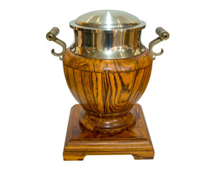 Angled Perspective of Urn with Wooden Base and LED, White Background