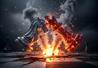 Dramatic chess game showing a fiery king clashing with a stone knight, symbolizing intense strategy, competition, and the high stakes of business leadership and strategic decision-making