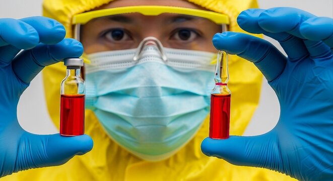Scientist in hazmat suit holding two vials of red liquid