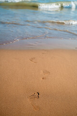 Footprints in the sand stretch away from the viewer, leading toward gentle ocean waves on a sunlit beach, creating a peaceful atmosphere of solitude and serene tranquility