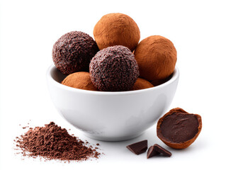 Chocolate truffle balls coated with cocoa powder and chocolate sprinkles in white bowl with cocoa powder and chocolate pieces on white background, delicious and rich dessert treat