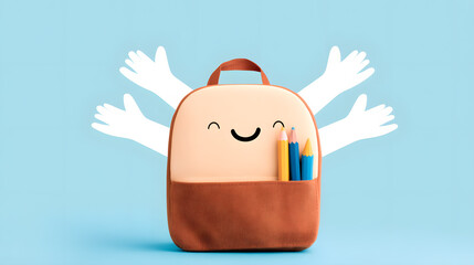 Scool backpack with smiling face and cartoon arms on blue background. Friendly and playful children’s design ideal for preschool promotions and back-to-school campaigns.
