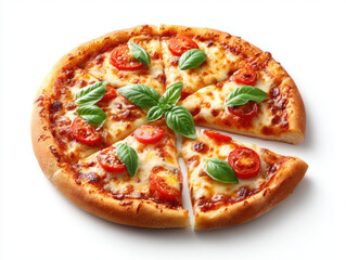 Pizza with tomato slices and fresh basil leaves on golden crust, melted cheese topping, and slice slightly separated on white background, appetizing and fresh