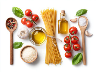 Spaghetti pasta with fresh cherry tomato garlic basil leaves olive oil parmesan cheese salt and pepper on white background creating vibrant and fresh cooking scene