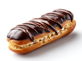 Chocolate eclair dessert with creamy filling and glossy chocolate glaze drizzled on top, isolated on white background, showcasing delicious pastry treat