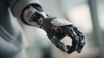 Close medium shot capturing a neuroadaptive prosthetic limb reacting to discomfort signals focusing on the intelligent socket mechanism as it finely tunes fit with the wearer and