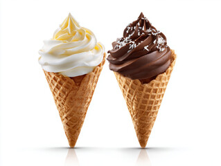 Soft serve ice cream cone with vanilla flavor and chocolate flavor topped with white sprinkles, creamy texture, and waffle cone on white background