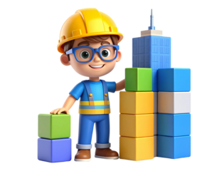 Cartoon builder constructing a skyscraper from colorful toy blocks, wearing a yellow hard hat and blue overalls on an isolated black background.