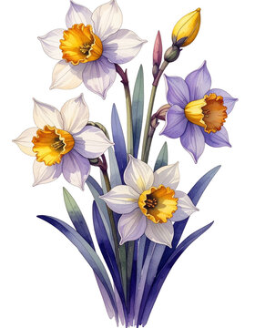 Watercolor Drawing White Daffodil Birth Flower Bouquet Illustration March Flower