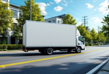 A white box truck drives down a residential street lined with modern townhouses and lush green trees under a bright, sunny sky