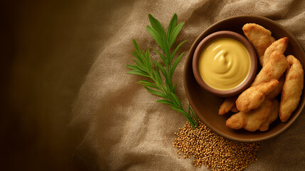 Honey mustard sauce in shallow dish with bite sized chicken tenders and mustard seeds on linen backdrop