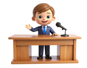 Cartoon boy in a blue suit standing behind a wooden podium with a microphone, giving a speech with his hand raised, isolated on a black background, 3D rendering.