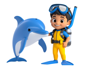 Cartoon diver boy in yellow suit with scuba gear stands next to a blue dolphin, he touches the dolphin's head while smiling, isolated on a transparent background.