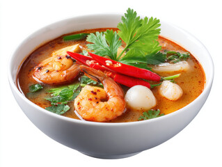 Spicy shrimp soup with chili peppers, fresh herbs, and vegetables served in white bowl, offering vibrant and flavorful Asian inspired dish with rich broth and aromatic ingredients