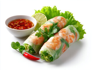 Fresh shrimp spring roll with chili sauce, lime, and herbs on white background, showcasing vibrant colors and appetizing presentation for healthy meal