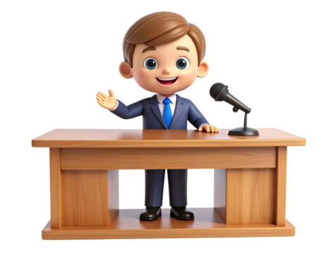 Cartoon boy in a blue suit standing behind a wooden podium with a microphone, giving a speech with his hand raised, isolated on a black background, 3D rendering.