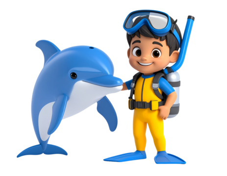 Cartoon diver boy in yellow suit with scuba gear stands next to a blue dolphin, he touches the dolphin's head while smiling, isolated on a transparent background.