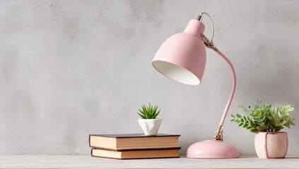 Pink desk lamp with books and plants on a grey background