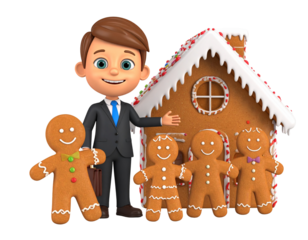 Cartoon man in a suit and gingerbread house with gingerbread men, 3D rendering on a black background, festive, cute, isolated, cheerful, holiday, gingerbread, food, design.