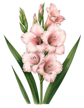 Watercolor Drawing Pink Gladiolus Birth Flower Bouquet Illustration August Flower