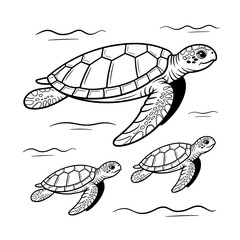 Three Sea Turtles Swimming: Line Art Illustration of Adult and Two Baby Turtles in Black and White