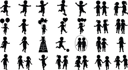 Silhouettes of children playing, running, walking, holding balloons, hopscotch, ball games, friendship, isolated on white background, childhood activity stock image