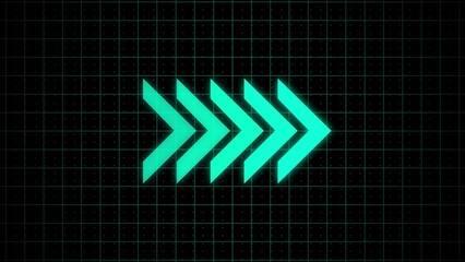 Row of glowing cyan arrows pointing right on a digital grid background direction forward