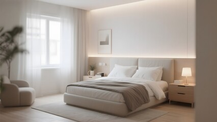 Modern Minimalist Bedroom with Soft Lighting and Neutral Tones