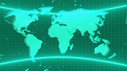 Obraz premium Teal Digital World Map With Neon Lines And Grid Overlay global technology