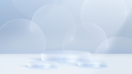 3D glass transparent crystal. Empty cylindrical pedestal. 3D cylinder and cube glass platforms set background. Vector realistic illustration of transparent glass round