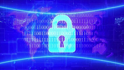 Digital Security Padlock Over World Map with Binary Code and Blue Light Streaks data