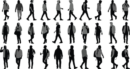 Silhouettes of diverse urban people walking, wearing backpacks, hoodies, jackets, casual clothing, isolated on white background, street lifestyle photography, stock image