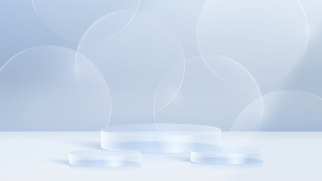 3D glass transparent crystal. Empty cylindrical pedestal. 3D cylinder and cube glass platforms set background. Vector realistic illustration of transparent glass round