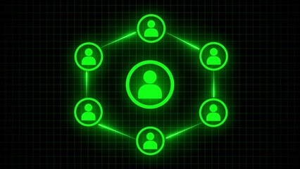 Neon green human network connection diagram with central figure and surrounding nodes on grid background