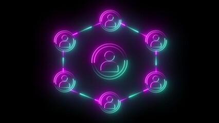 Dual neon glowing network of people icons connected in a hexagon with pink and cyan lights connection