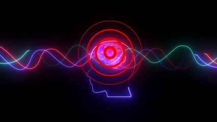 Neon outline of human head with glowing brain and sound waves mind thought
