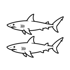 Fototapeta premium Two Cartoon Sharks: Black Outline Illustrations on White Background