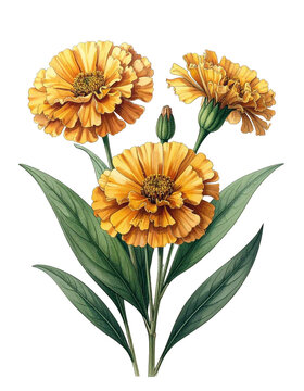Watercolor Drawing Yellow Marigold Birth Flower Bouquet Illustration October Flower