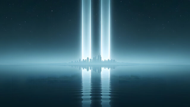 twin light beams over a distant city skyline at night reflecting on water