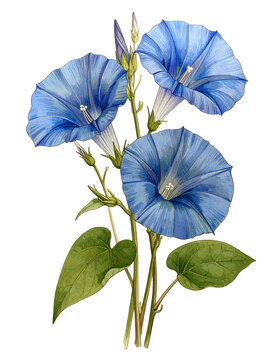 Watercolor Drawing Blue Morning Glory Birth Flower Bouquet Illustration September Flower