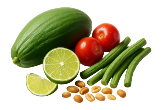 Close-up of fresh Som Tum ingredients in a vibrant and inviting arrangement.